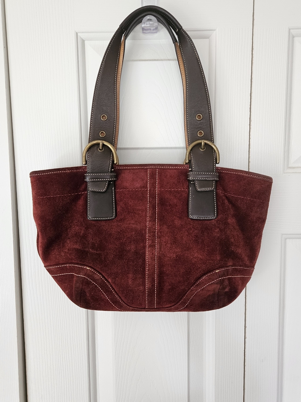 Coach Burgundy Suede Shoulder Bag with Dark Brown Straps